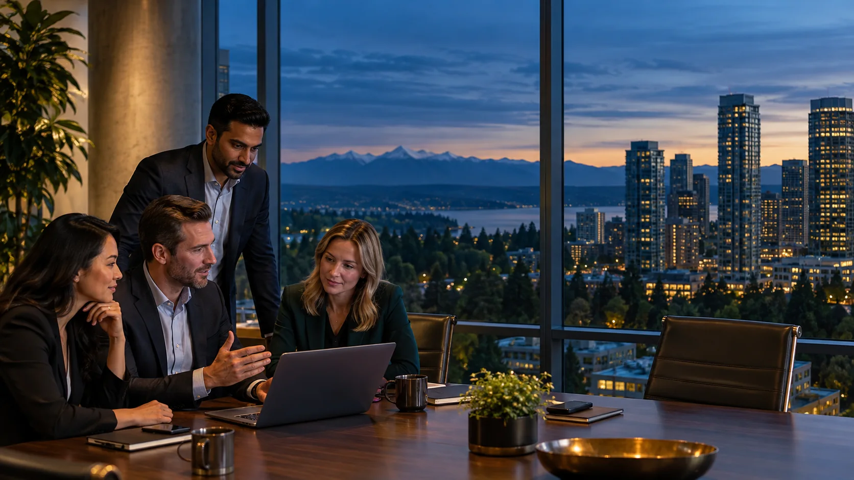 Bellevue downtown skyline at dusk beside an office window showing automated client follow-up completed