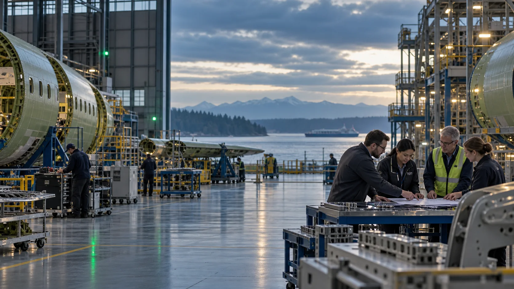 Everett aerospace machine shop with CNC machines and a tablet showing digitized maintenance logs and passed quality checks