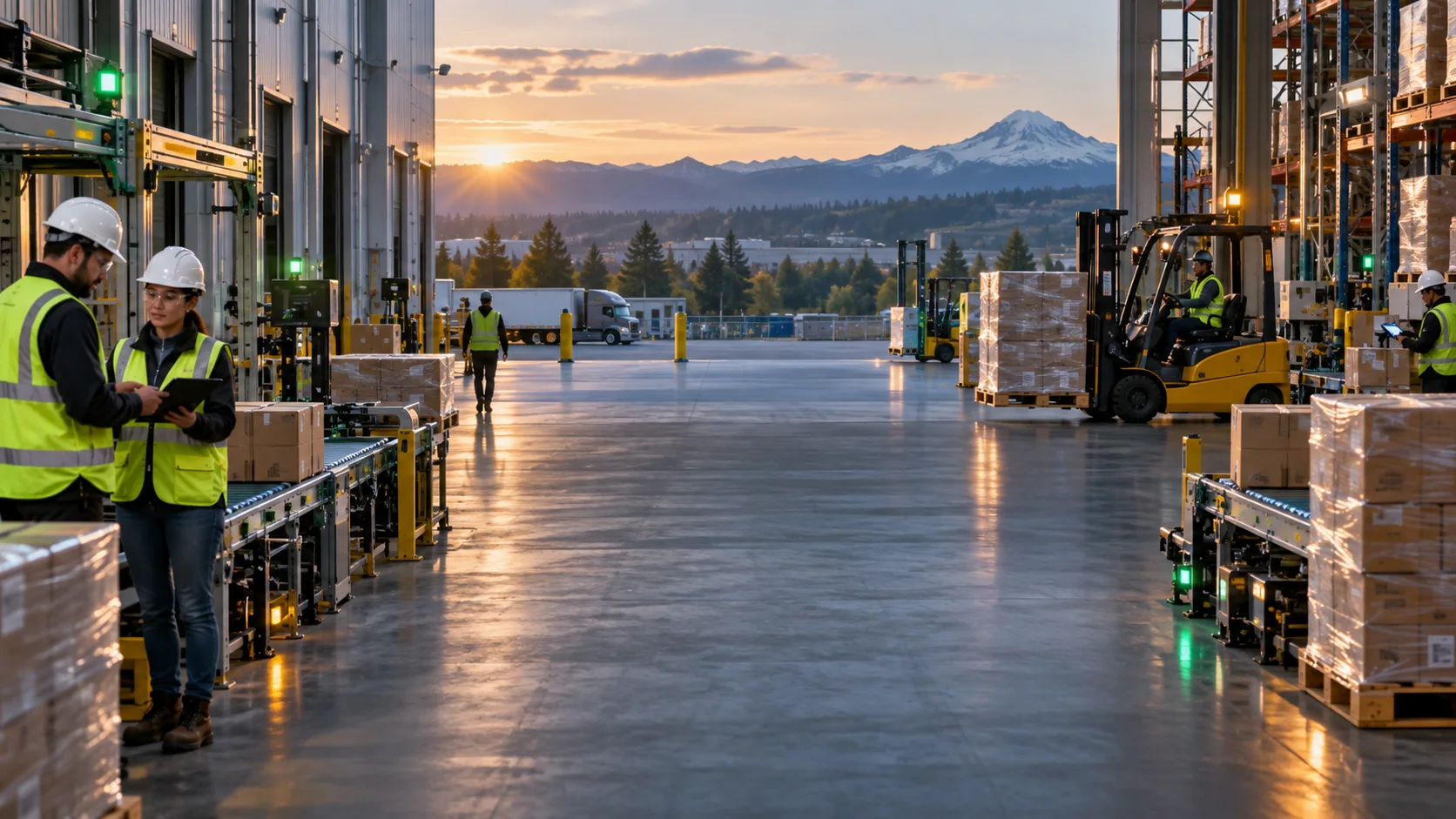Kent Valley distribution warehouse with inventory racks and a live board showing automated paperless shipment updates