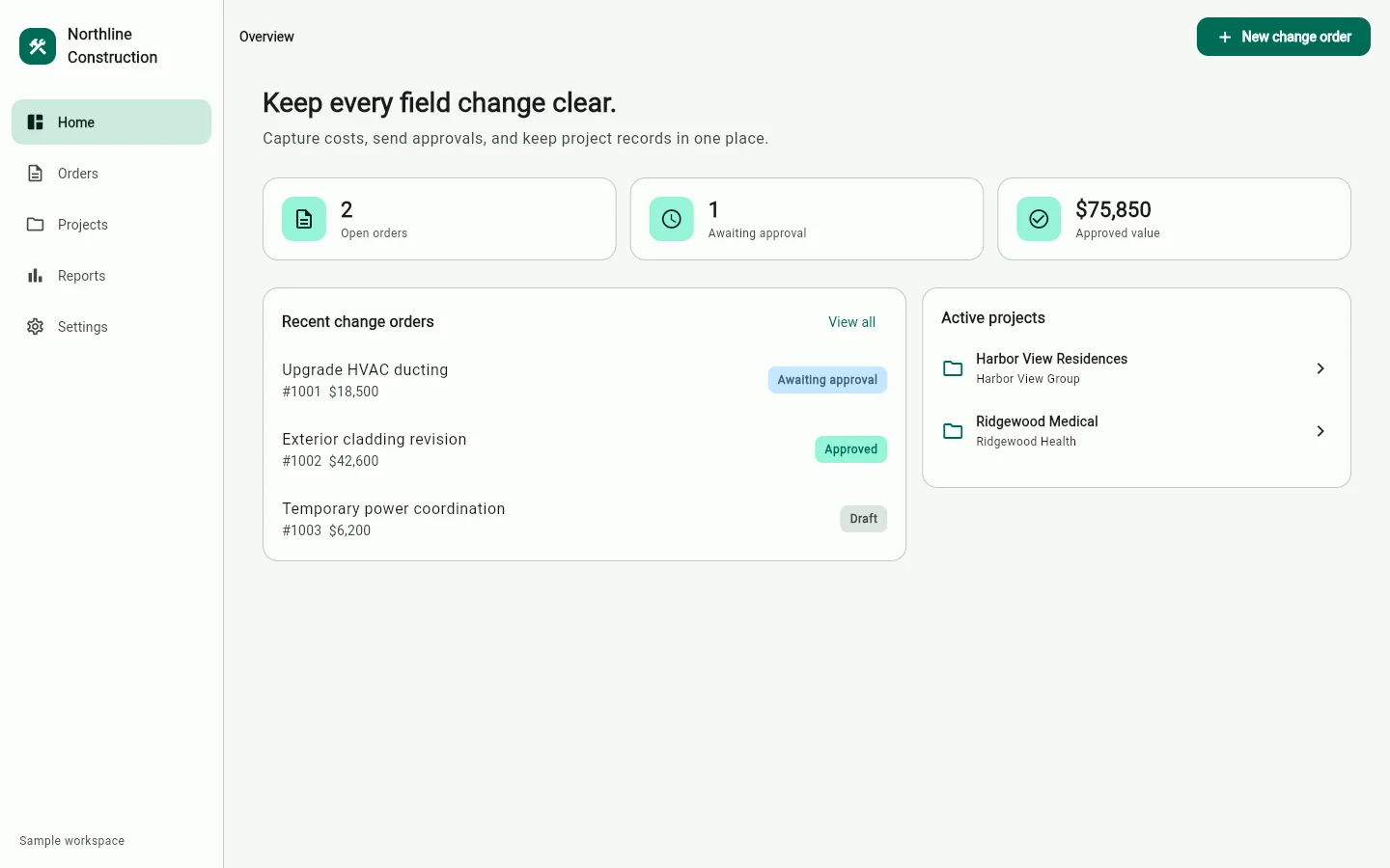 Change Order Capture dashboard showing open orders, approvals, project value, and active projects