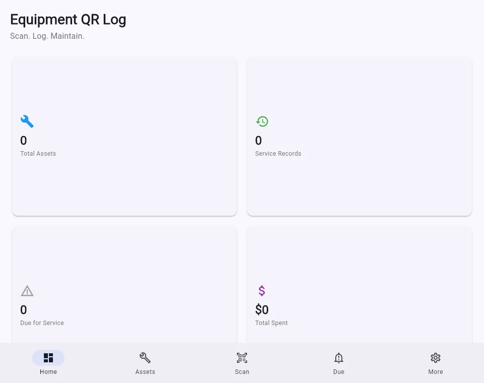 Equipment QR Log dashboard with asset, service, due maintenance, and total cost cards