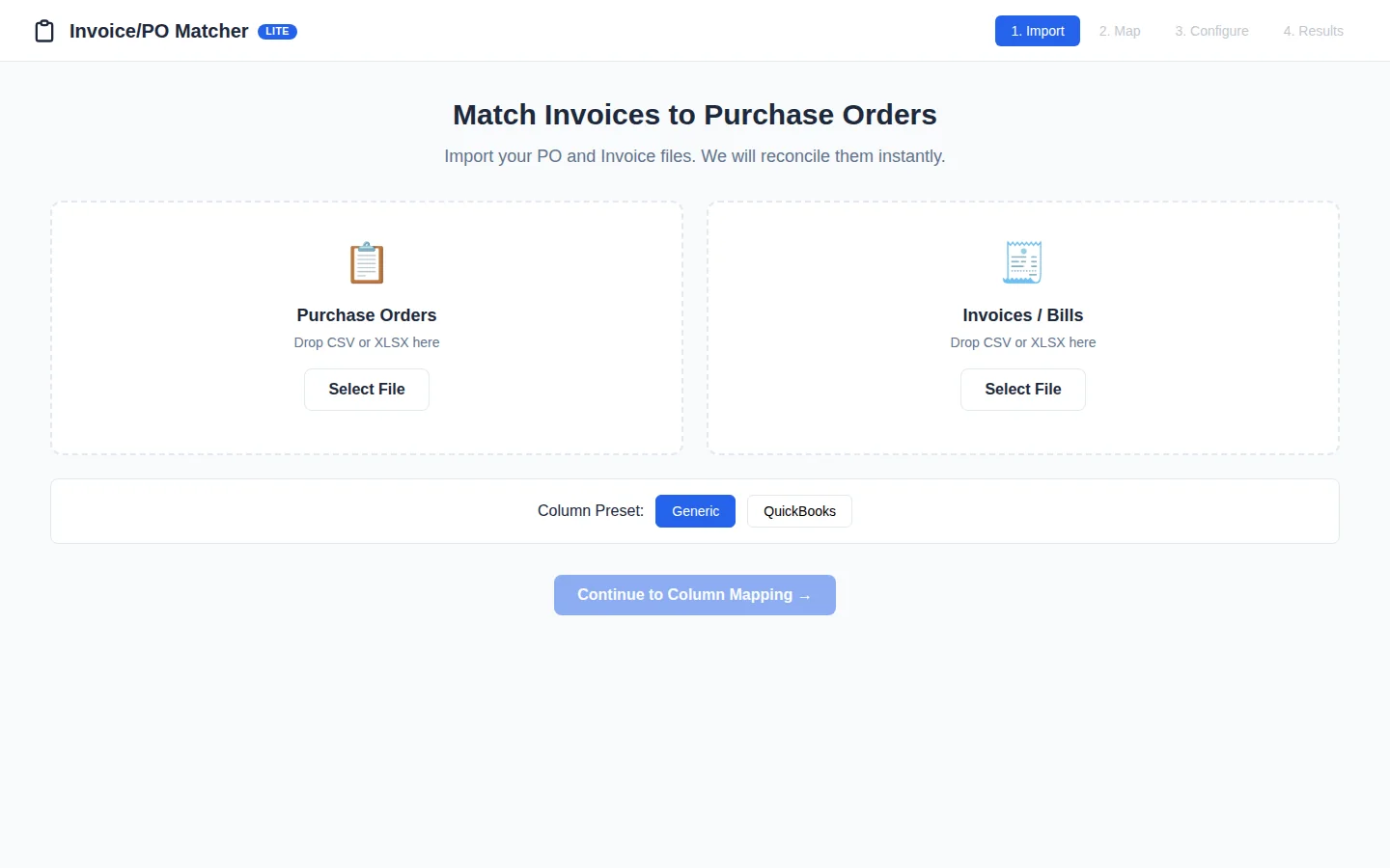 Invoice PO Matcher import screen with purchase order and invoice upload areas