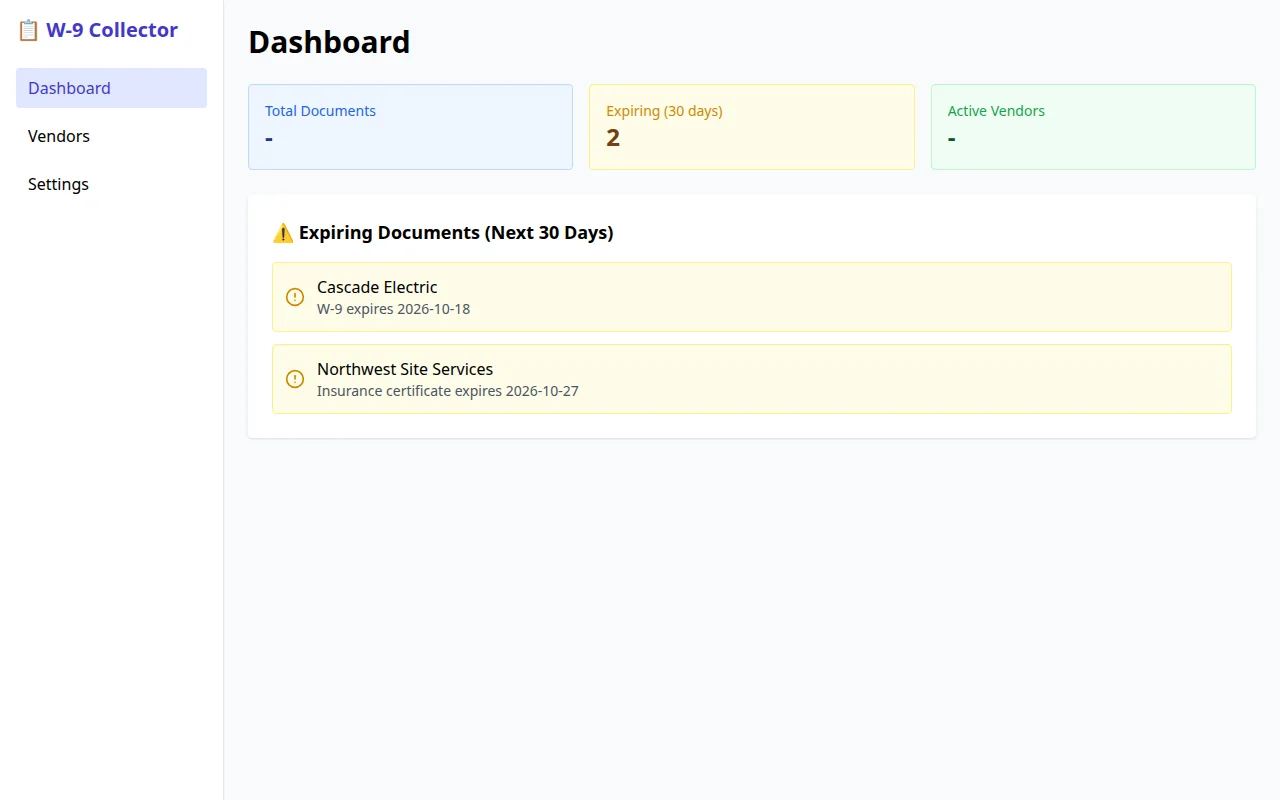 W-9 Collector dashboard showing document totals and upcoming vendor document expirations