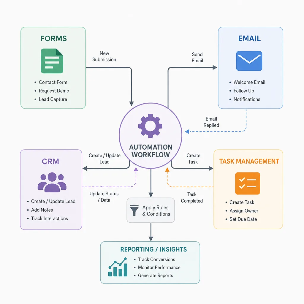 AI workflow connecting forms, email, CRM, and task management tools