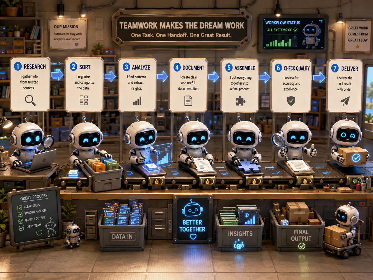 Six workplaces — clinic, law office, finance desk, workshop, shop and office — connected by blue automation lines