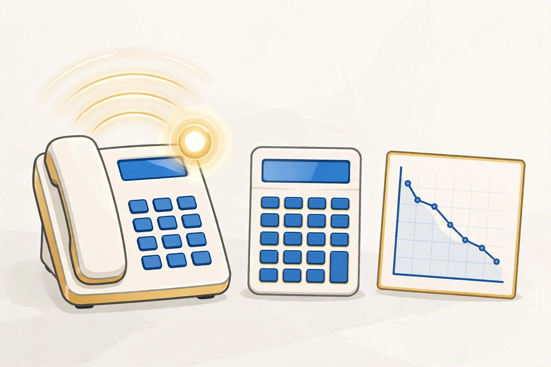 Desk phone ringing unanswered beside a calculator and a revenue chart trending down
