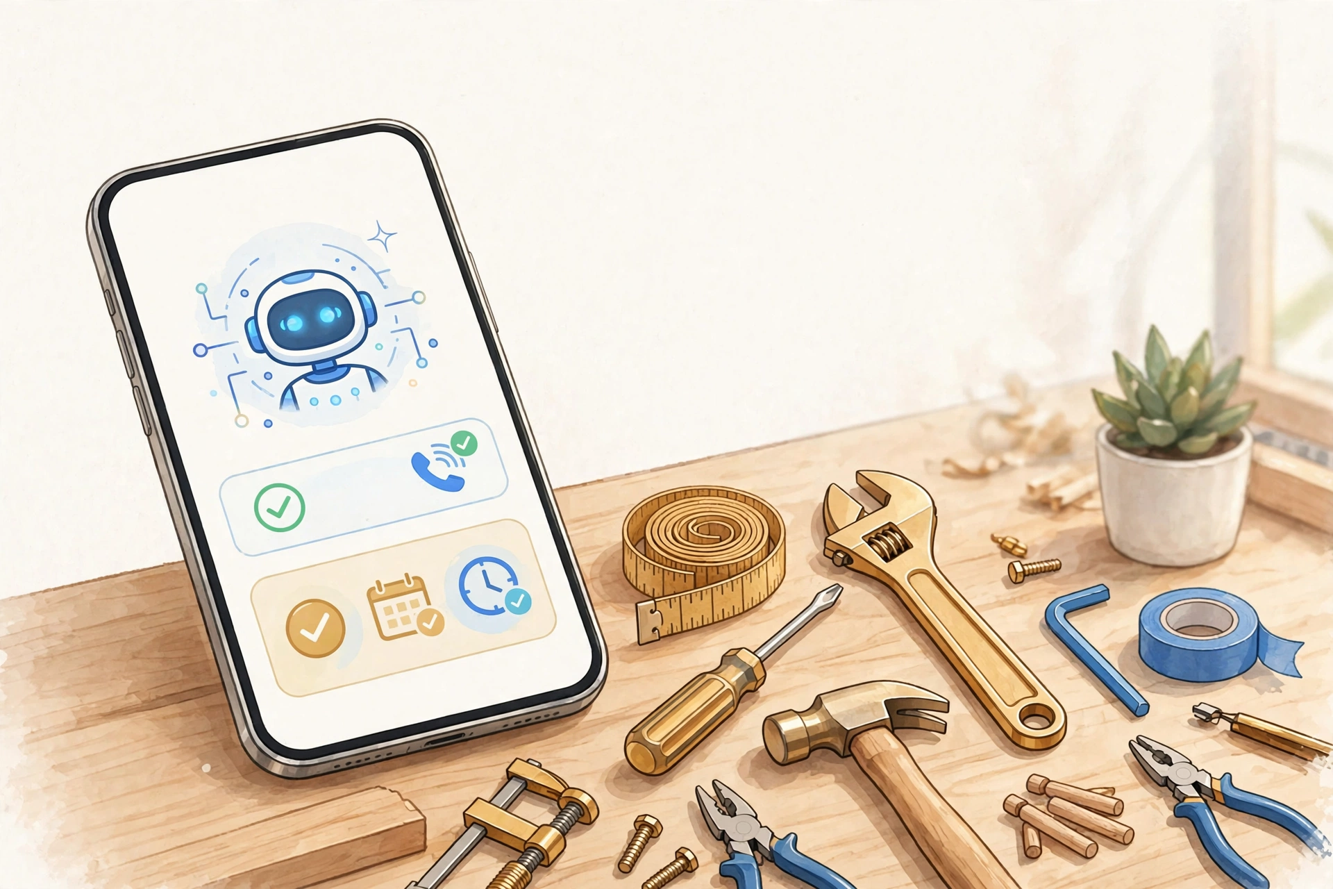 Smartphone on a workbench beside tools, screen showing an AI assistant answering a call with a booking confirmation