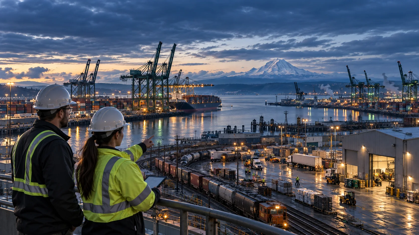 Dispatcher desk overlooking a container port at dusk with a laptop extracting bills of lading into delivered, customs-cleared, and out-for-delivery statuses