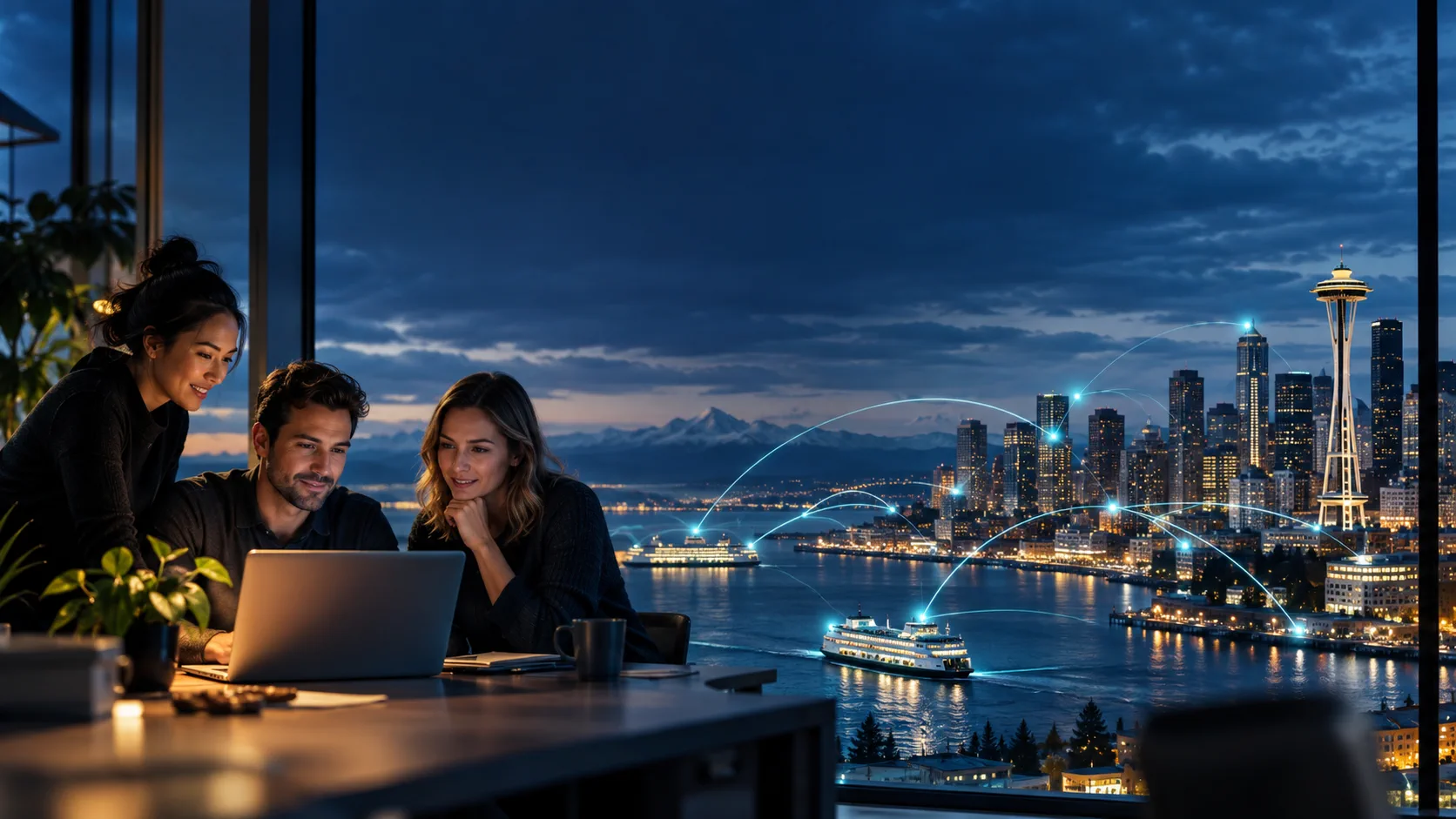 Seattle waterfront skyline with connected location pins across Puget Sound