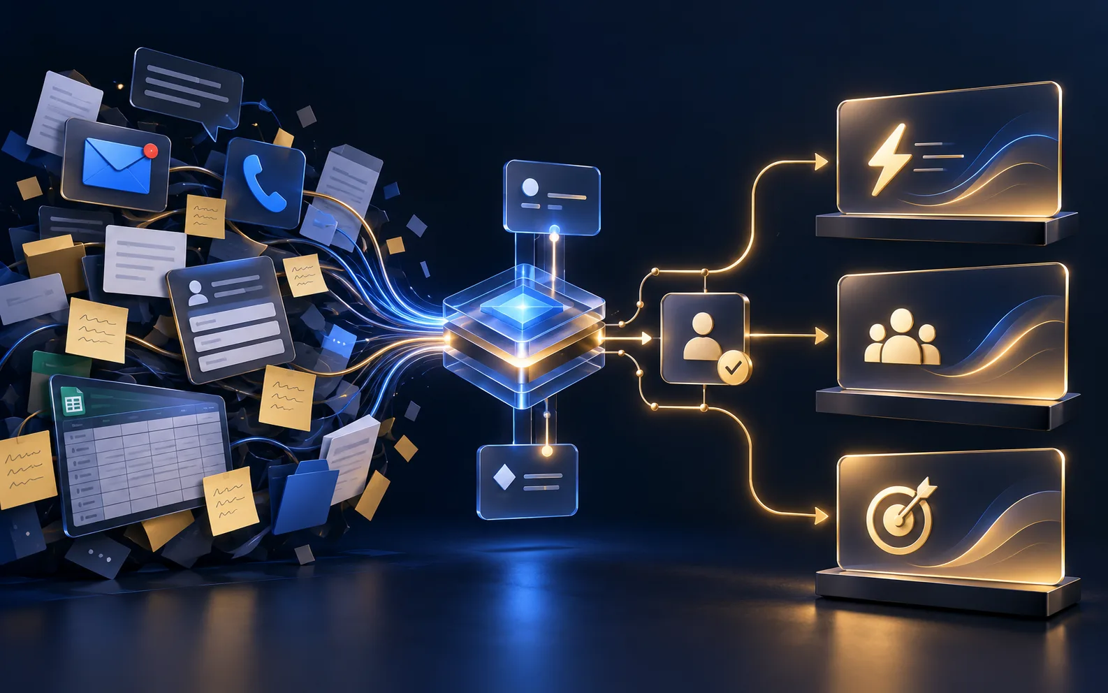 Scattered calls, messages, forms, and spreadsheet tasks flowing through a controlled automation hub with a human approval checkpoint into clear business outcomes