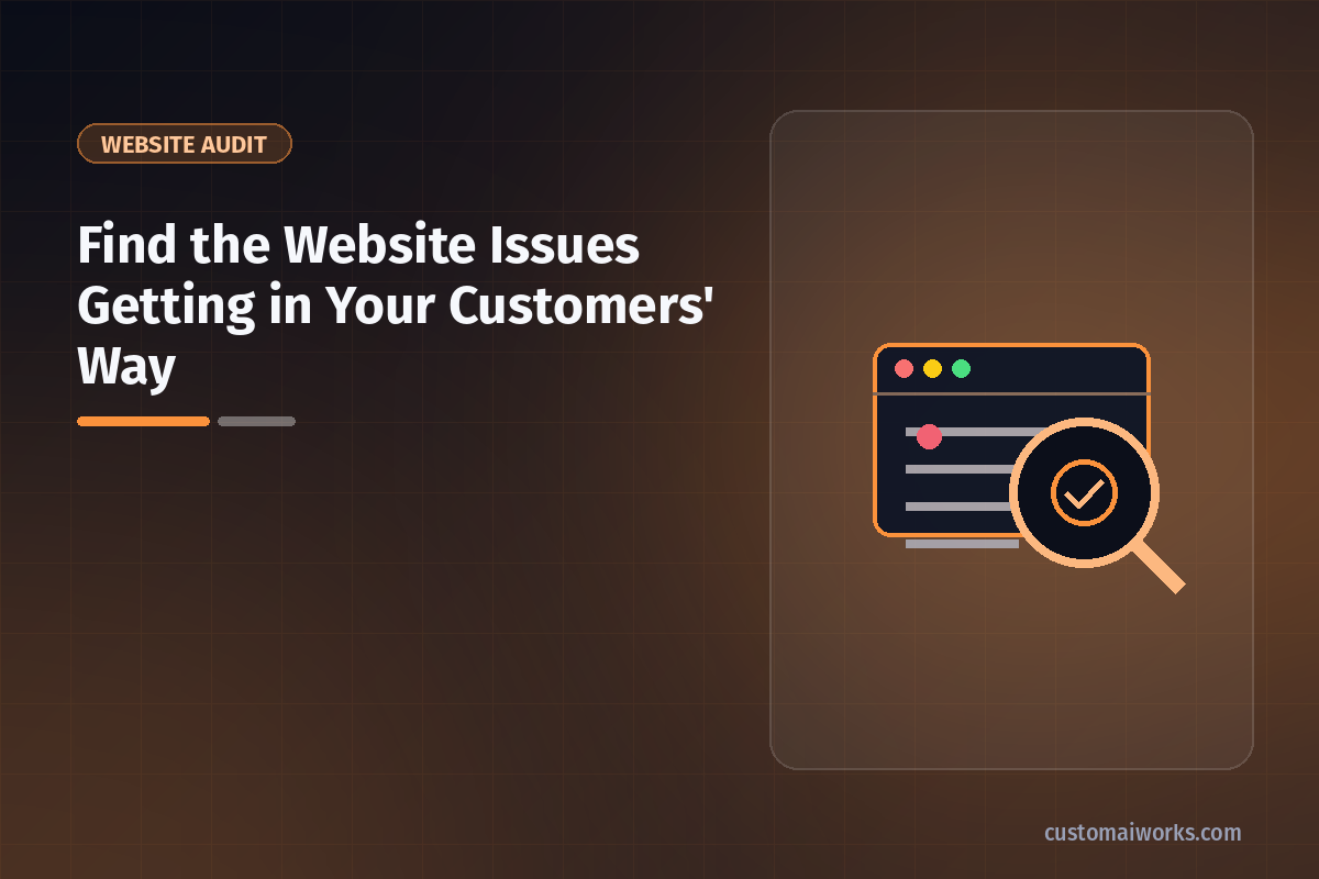 Frustrated business owner at a laptop with a broken website labeled slow loading times, broken links, not mobile friendly, poor SEO visibility, confusing navigation, security risks, outdated content and lost conversions, while potential customers walk away